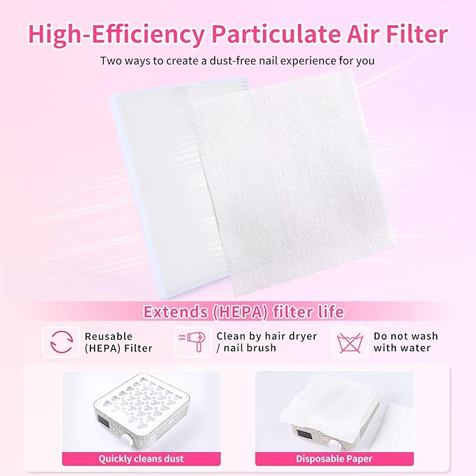 BQAN Nail Dust Collector Portable for Home & Salon - 4200RPM Vacuum with Reusable Filter, for Acrylic Drilling Dust Beginner Friendly Small Manicure Tool (White AB Rhinestones)
