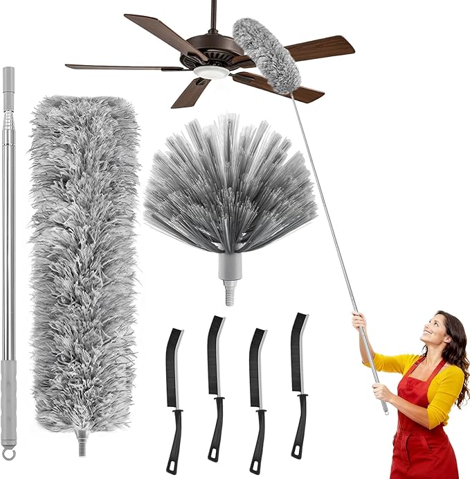 7-Piece Microfiber Feather Duster Set with Extension Pole (16.1" to 100"), Extendable Cobweb & Ceiling Fan Duster for Cleaning Cobweb, Ceiling Fan, Blind, Furniture