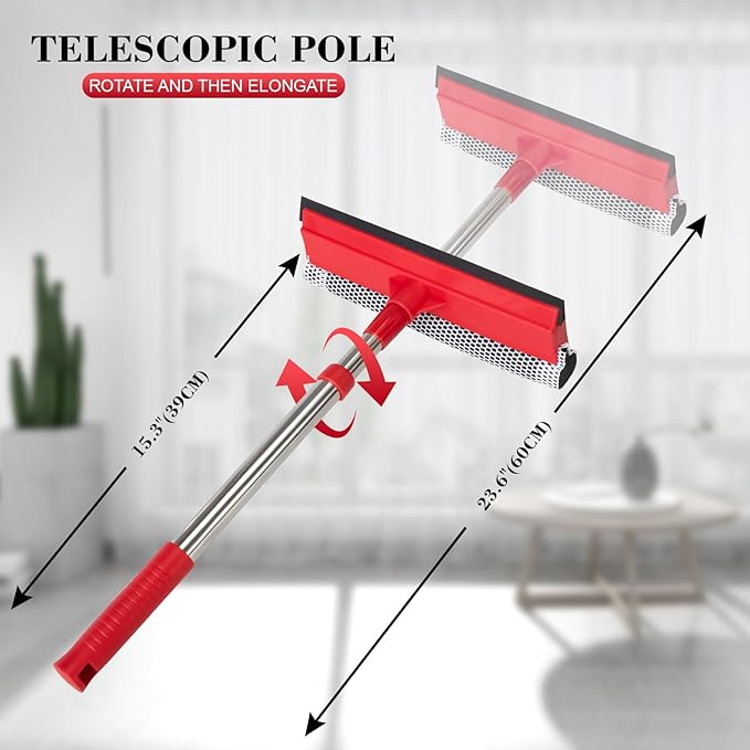 Professional Standard Window Squeegee,2-in-1 Window Cleaner Sponge and Soft Rubber Strip with Retractable Stainless Steel Handle(15.3"-23.6") for Gas Station, Glass,Shower,Outdoor Window Cleaning
