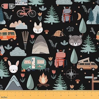 Camper Theme Fabric by the Yard, Happy Camping Upholstery Fabric, Travel Car Rv Accessories Decorative Fabric, Botanical