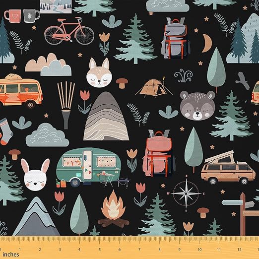 Camper Theme Fabric by the Yard, Happy Camping Upholstery Fabric, Travel Car Rv Accessories Decorative Fabric, Botanical