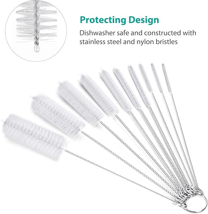 CiaraQ Bottle Cleaning Brushes, 8 Inch Nylon Tube Brush Set, Cleaner for Narrow Neck Bottles Cups with Hook, Set of 10pcs.