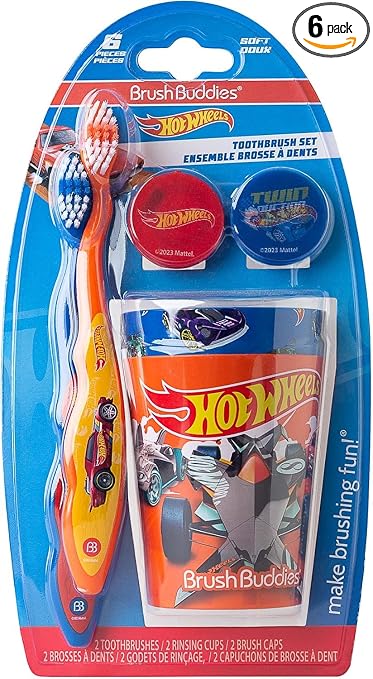 Brush Buddies Hot Wheels Kids Toothbrush Kit for Toddlers Ages 2+ Manual Toothbrushes with Soft Bristles Travel Toothbru