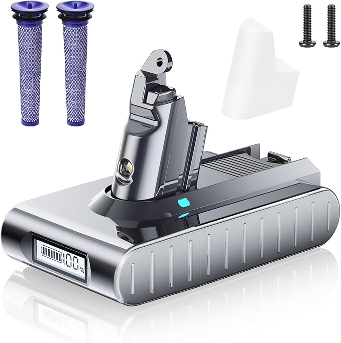 kaejli Replacement Battery for Dyson V6 8000mAh – LCD Display with Percentage, Longer Runtime, for V6 Animal Motorhead Fluffy Absolute SV03 SV04 SV05 DC58 DC59 DC61 Vacuum Cleaner, 2 Filters Included