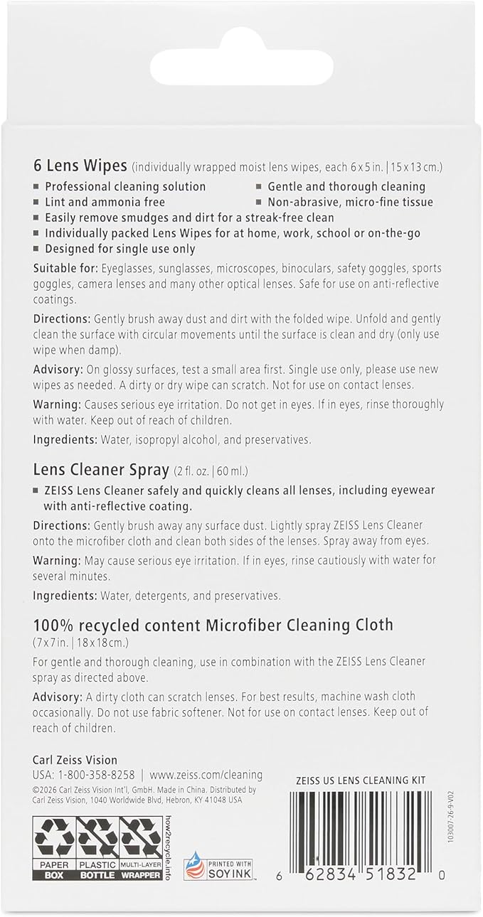 ZEISS Lens Cleaning Kit 2oz Spray + 6 lens wipes + Microfiber Cleaning Cloth