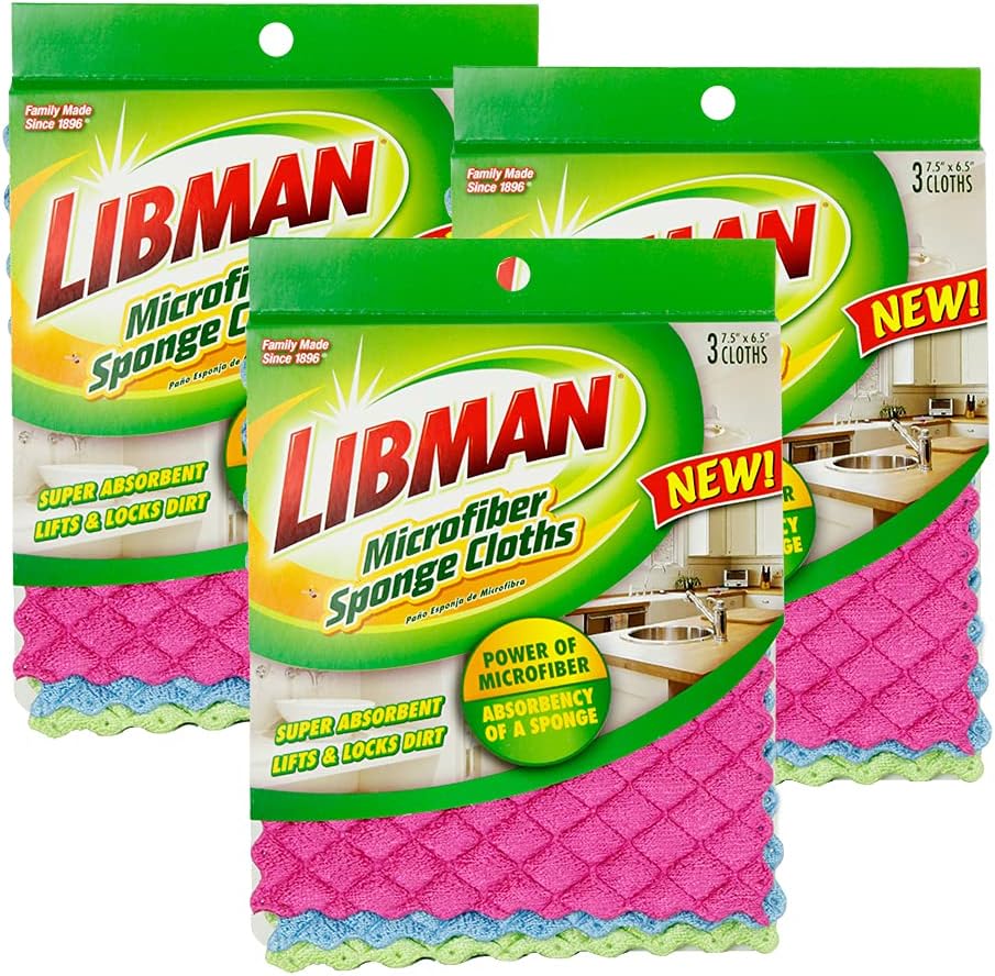 Libman Microfiber Sponge Cloths, Pink/Blue/Green, 9 Cloths