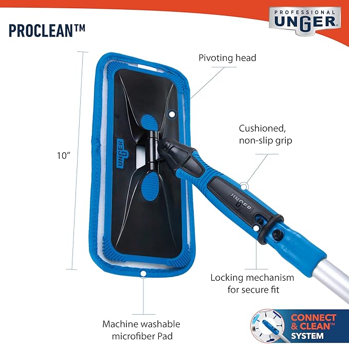 Unger ProClean Connect and Clean Indoor Window Cleaning Kit, Washing Tool with Swivel Head for Tight Corners and Edges, Streak-Free Results on Glass and Mirrors, Reusable Microfiber Pads
