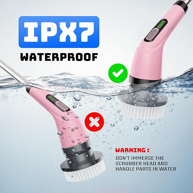 Electric Spin Scrubber - Cordless Bathroom Scrubber with 7 Brush Heads - Dual Speed IPX7 Waterproof Power Scrubber for Heavy-Duty Bathtub, Glass, Tile, and Car Cleaning (Pink)
