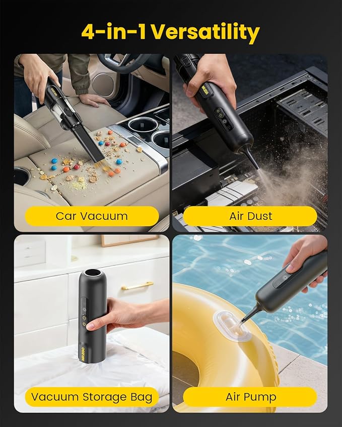 Mr.ego Car Vacuum Portable Cordless, 20000Pa High-Power Suction Handheld Vacuum & Air Duster with Brushless Motor, Multi-Nozzles, Green LED Light & Washable Filter for Car, Home, Office, Pet Hair