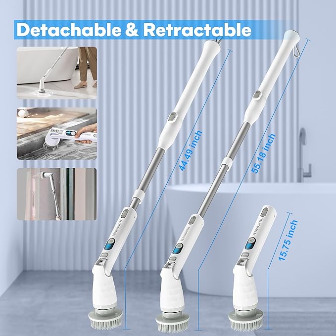 Electric Spin Scrubber, Cordless Cleaning Brush with Long Handle & 8 Brush Heads IPX7 Waterproof Bathroom Scrubber for Tub Grout Tile Floor, TBL03