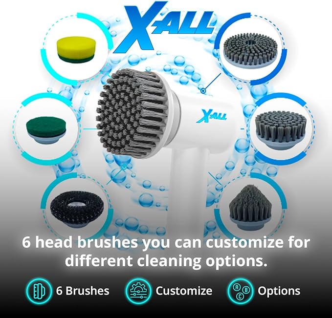 X-All Electric Spin Power Scrubber - Rechargeable Lightweight Waterproof Cordless 2-Speed Control Cleaning Tool with 2 Spin Brush Heads - White