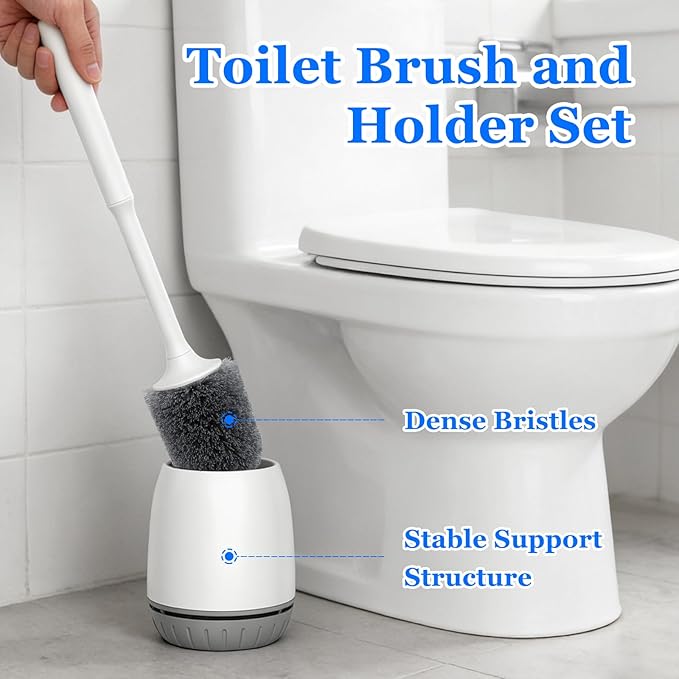 Toilet Brush, 2 Pack Toilet Bowl Brush and Holder Set Ergonomic Long Handle Toilet Scrubber with Ventilated Base for Quick Drying, for Bathroom Cleaning, White & Gray