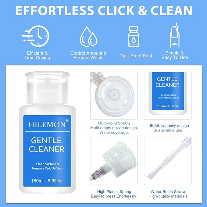 Push-On Nail Gentle Cleaner, Gentle Nails Surface Cleanser, Clean Base Gel & Floating Gel & Grease After Sealing & Dust & Dirt from Nails, Art DIY, Pump Bottle Design, 160ml (Gentle Cleaner)