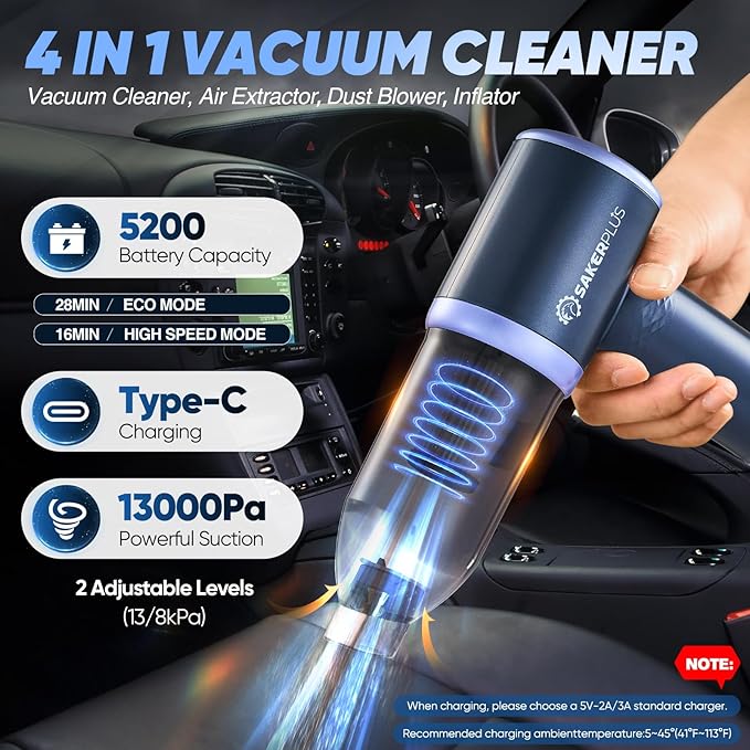 SakerPlus Car Vacuum Cleaner- 3 in 1 Cordless Handheld Vacuum Cleaner, 13000Pa High Power Car Vaccum Cleaner with Brushless Motor,Adjustable Cars Vaccum Portable Cordless for Cars,Desktop-DBS03