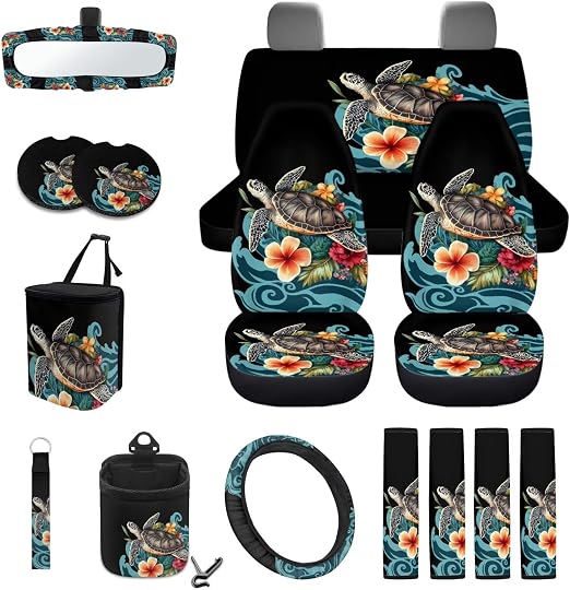 Sea Turtle Plumeria Pattern Auto Interior with Full Set Car Seat Covers Steering Wheel Cover Keychain Trash Can Seat Bel