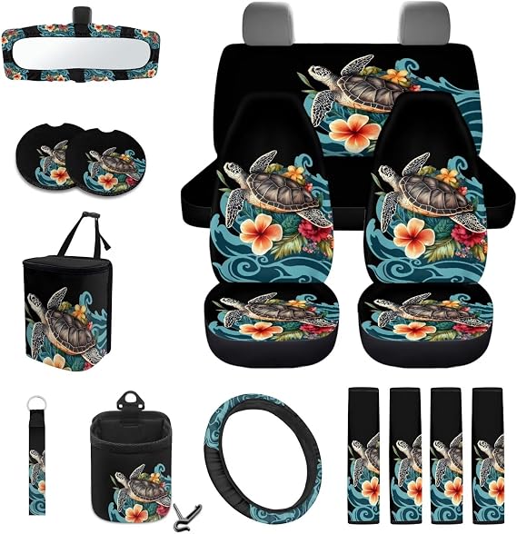 Sea Turtle Plumeria Pattern Auto Interior with Full Set Car Seat Covers Steering Wheel Cover Keychain Trash Can Seat Bel