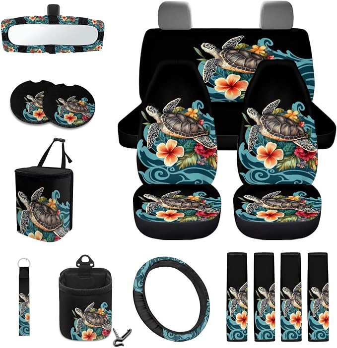 Sea Turtle Plumeria Pattern Auto Interior with Full Set Car Seat Covers Steering Wheel Cover Keychain Trash Can Seat Bel