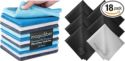 MagicFiber 18 PK - 12 Household Microfiber Cleaning Cloths + 6 Glasses Microfiber Cleaning Cloths - Premium Kitchen Towe