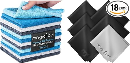 MagicFiber 18 PK - 12 Household Microfiber Cleaning Cloths + 6 Glasses Microfiber Cleaning Cloths - Premium Kitchen Towe