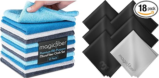 MagicFiber 18 PK - 12 Household Microfiber Cleaning Cloths + 6 Glasses Microfiber Cleaning Cloths - Premium Kitchen Towe