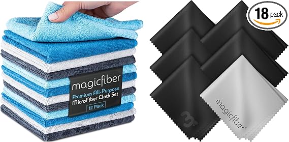MagicFiber 18 PK - 12 Household Microfiber Cleaning Cloths + 6 Glasses Microfiber Cleaning Cloths - Premium Kitchen Towe