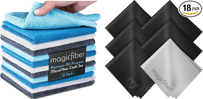 MagicFiber 18 PK - 12 Household Microfiber Cleaning Cloths + 6 Glasses Microfiber Cleaning Cloths - Premium Kitchen Towe