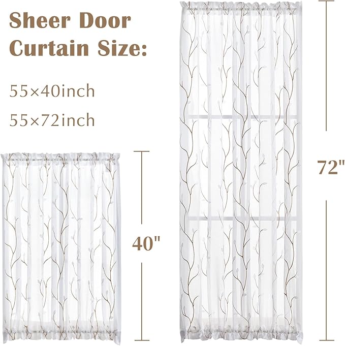 jinchan Sheer Door Curtain 40 Inches Floral Embroidered Semi-Sheer Embroidery Voile Floral French Door Curtain Light Filtering Drape Rod Pocket 1 Panel White