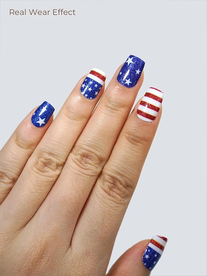 Nail Polish Strips, 32PCS Salon Quality Wraps, Long Lasting Gel Nail Stickers for Women Easy Apply& Remove (Fourth of July Independence Day)
