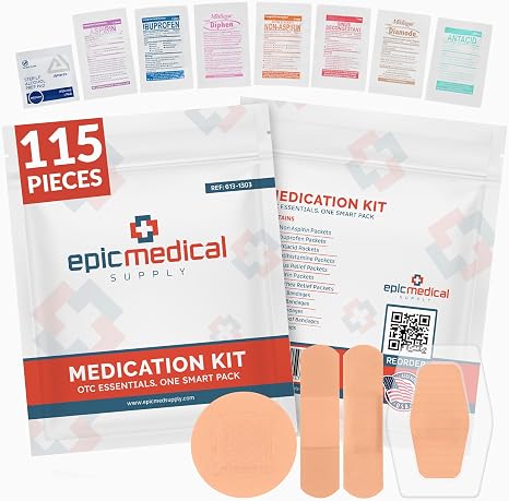 Epic Medical Supply First Aid Kit Medication Refill 115-Count Unit Dose Packets Alcohol Pads & Bandages Emergency Medici