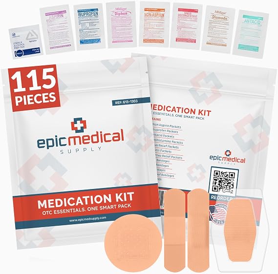 Epic Medical Supply First Aid Kit Medication Refill 115-Count Unit Dose Packets Alcohol Pads & Bandages Emergency Medici