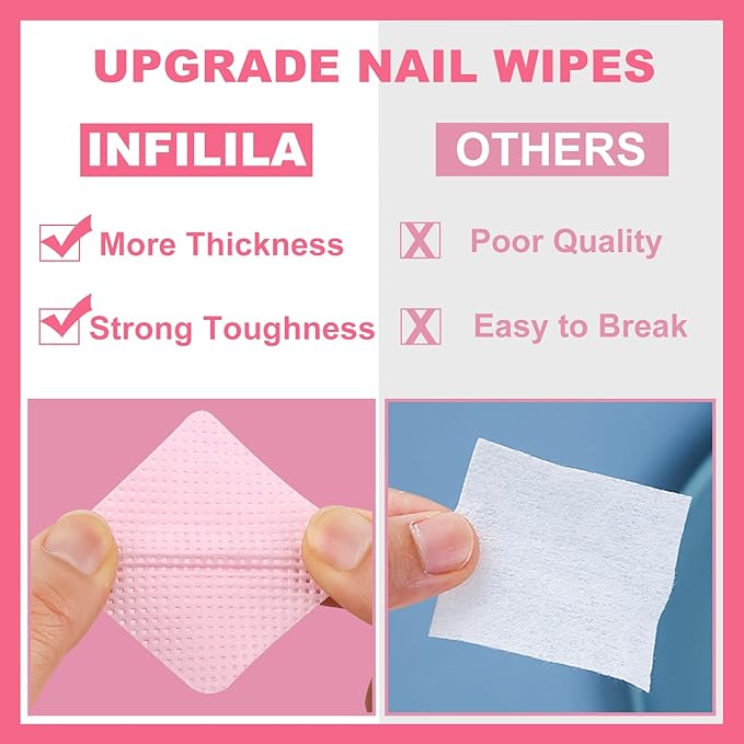 NXJ INFILILA Lint Free Nail Wipes, 1000PCS Non-Woven Fabric Dry Nail Prep Wipes, Absorbent Acetone Nail Polish Remover Lash Extensions Glue Nail Cleaning Pads for Salon Supplies (Pink)