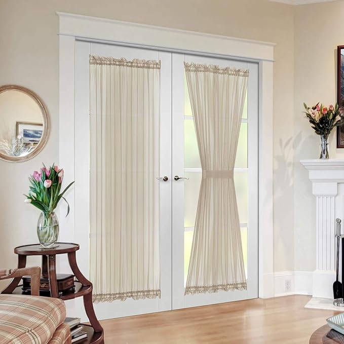 MIULEE French Door Sheer Curtains for Front Back Patio Glass Door Light Filtering Window Treatment with 2 Tiebacks 54 Wide and 72 Inches Length, Beige, Set of 2