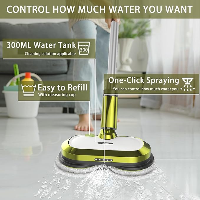 VMAI Cordless Electric Mop with Water Spray & Detachable Battery, Rechargeable Floor Spin Mop & Scrubber with LED Headlights, Washable Pads, Lightweight for Hardwood Tile Marble Floor Cleaning