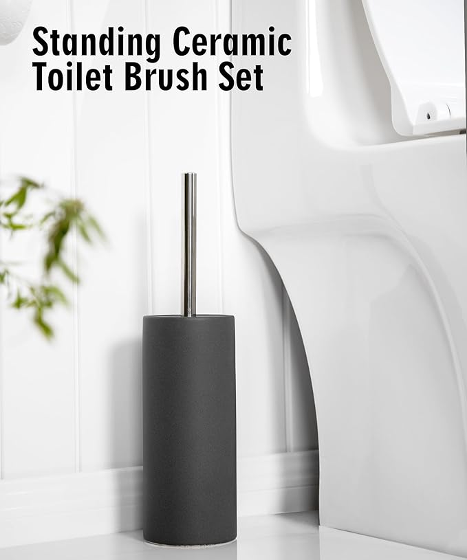 Matt Gray Ceramic Toilet Brush and Holder Set, Freestanding Toilet Bowl Cleaners Brush, Scrubber Brush for Toilet, Bathroom Accessories with Stainless Handle, Deep Cleaning