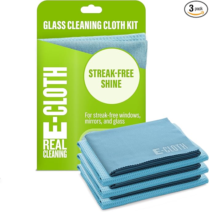 E-Cloth 3-Pack Window Cleaning Cloth - Streak-Free Glass & Mirror Cleaning Kit with Just Water, Glass Cleaning Cloth, Microfiber Towel Kit for Windows, Car Windshield, Mirrors - Alaskan Blue