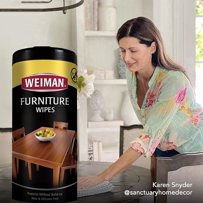 Weiman Wood Polish and Cleaning Wipes, For Furniture Cleaner, Protect from Watermarks, Stains & Aging, No Build-Up, UVX-15 Prevent Drying, Fading & Discoloration, 2 Pack with Microfiber Cloth