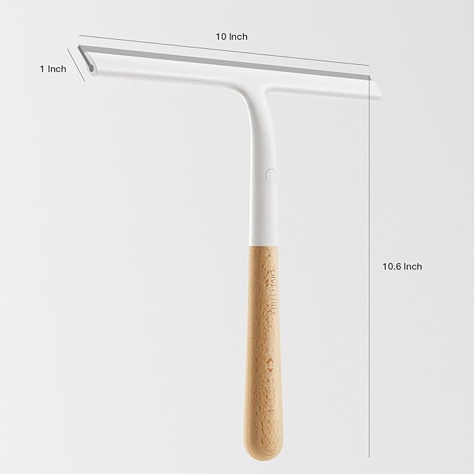 Shower Squeegee for Glass Doors, Streak-Free Silicone Window Cleaner with Detachable Wood Handle & Hook, Rust-Proof Bathroom Squeegee for Mirror, Tile Wall, Car Windshield, 10 Inch White