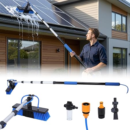 Solar Panel Cleaning Brush Kit with 5-15FT Telescopic Pole - Water Fed Window Cleaner Tool with 180° Rotating Brush & So