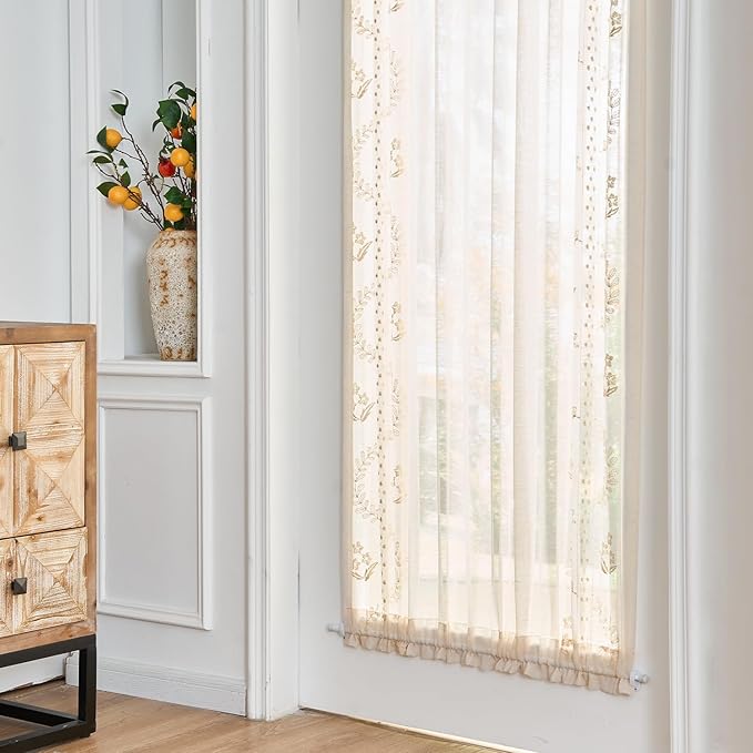 jinchan Belrose French Sheer Volie Door Curtain Embroidered Farmhouse Linen Curtain for Patio Door with Tie up Bows Light Filtering for Door Window Closet Rod Pocket 40 Inches 1 Panel Beige on Beige
