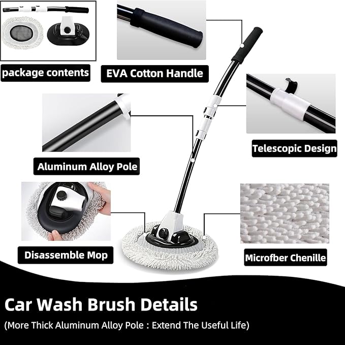 WillingHeart 15° Curved Car Wash Brush with Long Handle 43" Microfiber Cleaning Mop Telescopic Extension Pole for Caravan RV Truck Auto SUV Wheel Boat Exterior 2 in1 Carwash Duster Scratch Free, White