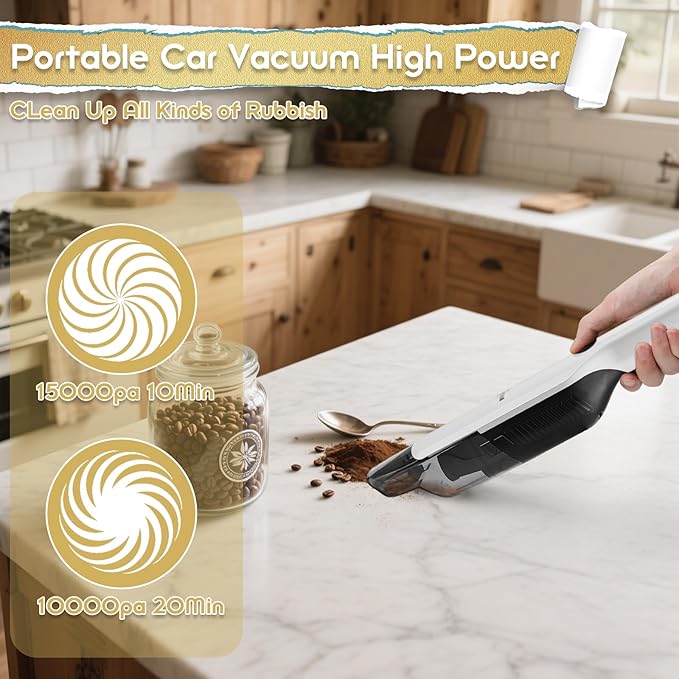 Handheld Vacuum Cordless,Dust Busters Cordless with Storage Dock,15KPA High Power Portable Vacuum Vordless,USB Quick Charge,Mini Vacuum with Multi-Nozzles & Washable Filter，White