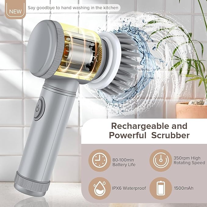 Electric Spin Scrubber - Shower Scrubber,Bathroom Scrubber Electric,for Cleaning Tub, Floor, Tile, Window, Sink, Kitchen Cleaning with 6 Electric Cleaning Brush Head (8)
