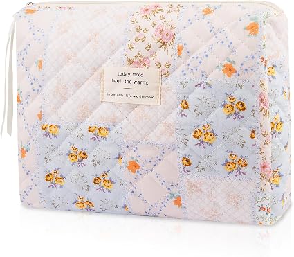 Gosect Floral Makeup Bag, Small Cosmetic Bag for Women Girls, Cute Cotton Makeup Bag, Quilted Makeup Bags, Flower Travel