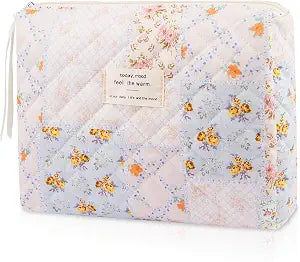 Gosect Floral Makeup Bag, Small Cosmetic Bag for Women Girls, Cute Cotton Makeup Bag, Quilted Makeup Bags, Flower Travel