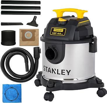 STANLEY 4 Gallon Wet Dry Vacuum, 4 Peak HP Stainless Steel 3 in 1 Shop Vacuum Blower with Powerful Suction, Vacuum for J