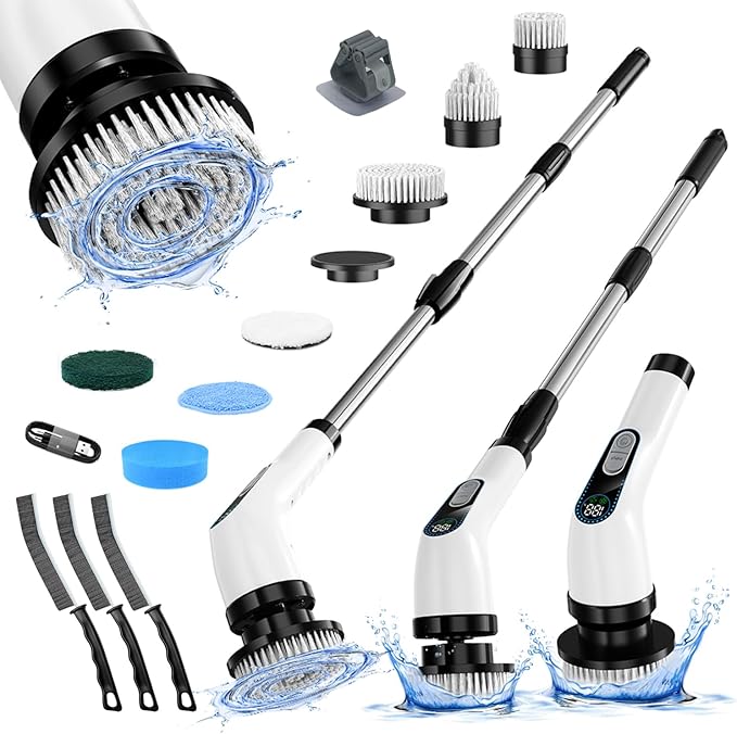 Electric Spin Scrubber Cordless – Powerful Bathroom Cleaning Brush with Long Handle, 2 Speeds, 3000mAh Rechargeable, 7 Brush Heads, Wall Hanger & Crevice Tools – Shower, Tub & Tile Cleaner