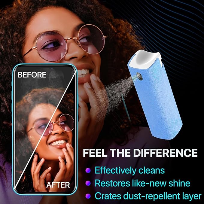 IO CLEAN Mini Screen Cleaner Spray – Finger Proof Screen Cleaner for Smartphones, iPads, MacBooks, Laptops, Car Screens, Touchscreens – 3 in1 Mist Cleaner, Microfiber Cloth and Protective Cover (Grey)