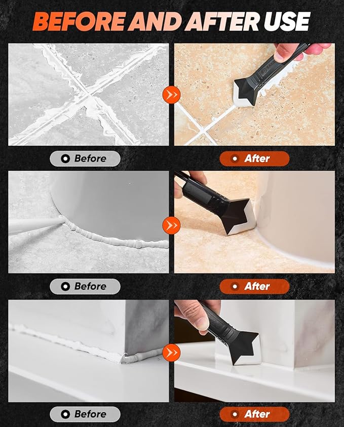 Saker Silicone Caulking Tool 3-in-1 Grout Removal Tool and Sealant Finishing Scraper with Stainless Steelhead, Caulk Remover and Seam Repair Kit for Bathroom, Kitchen, Floor, Window and Sink Joints
