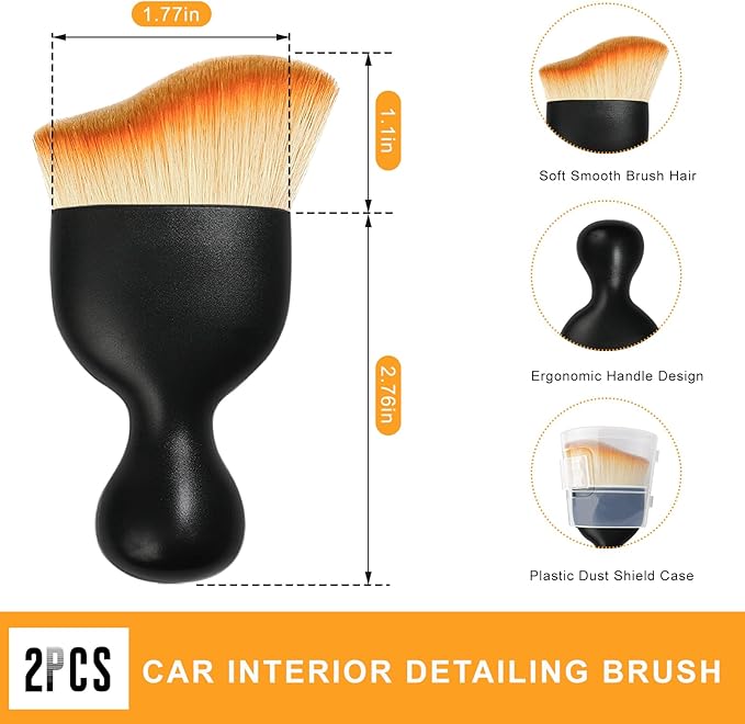 2 PCS Car Interior Detailing Brush, Curved Car Interior Cleaning Brush with Ultra Soft Bristles & Dust Cover, Scratch-Free Auto Dusting Brushes for Dashboard AC Vent Leather (Brown)
