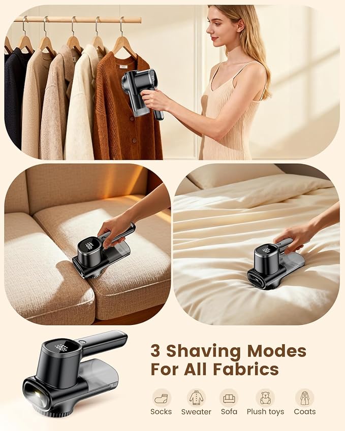 Home Large Lint Remover Fabric Shaver - Rechargeable with LED Display, 3D 6-Blade, 180min Runtime, Large Transparent Bin, Zero Damage for Clothes/Sofa/Bedding